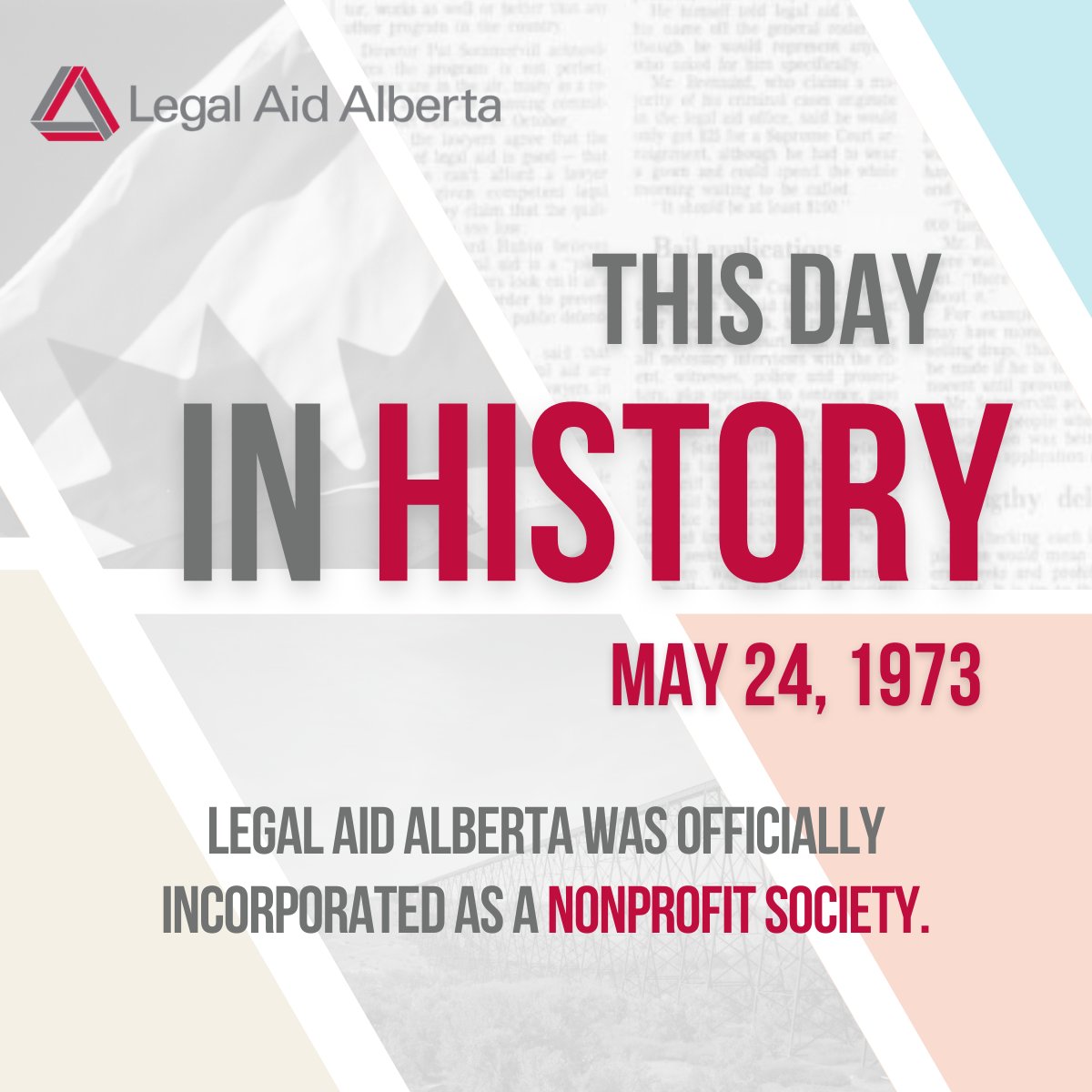 Today, we celebrate 51 years of #AccesstoJustice.
Did you know? Talks regarding legal aid in #Canada date back to the '30s. In #Alberta, #LegalAid started to take shape in the '60s and reached a significant milestone with the establishment of Legal Aid Alberta on May 24, 1973.