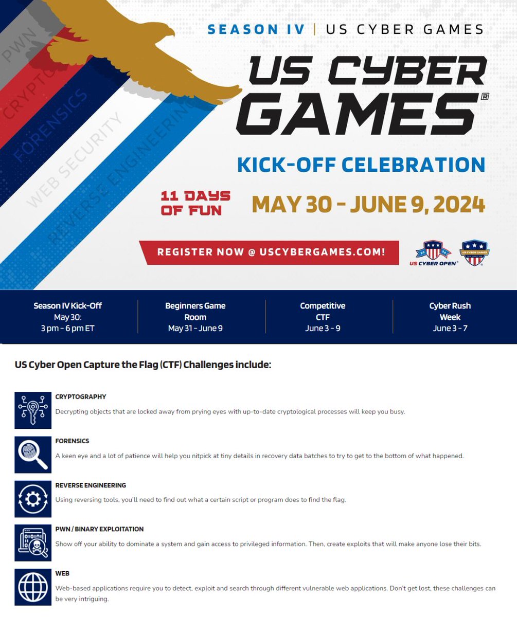 The @USCyberGames Kick-Off Celebration is coming up on May 30th! The virtual Kick-Off event includes talks on Incident Handling, CyberChef, How to Stand Out as an Applicant in Cyber, Accessibility in Cybersecurity and more! There is both a Competitive CTF and a Beginner's Game