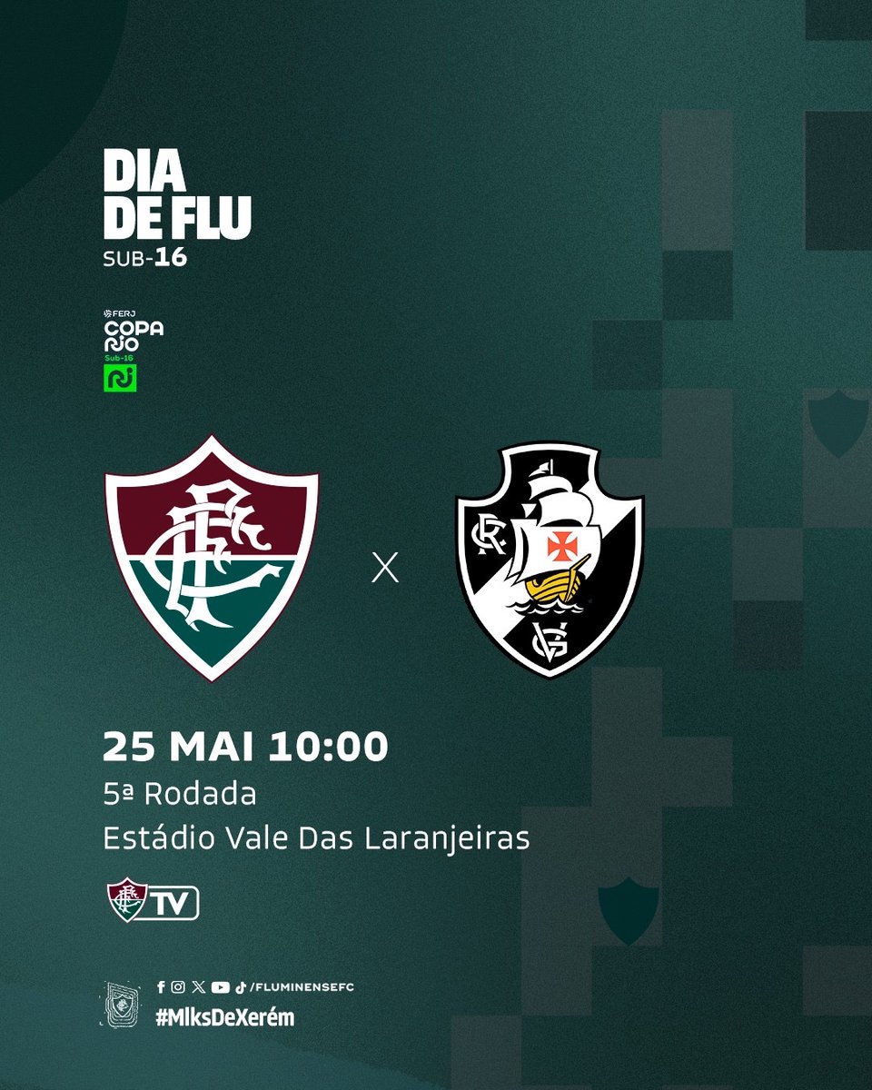 Amanhã é #DiaDeFlu para os #MlksDeXerém! Às 10h, o Flu enfrenta o Vasco pela Copa Rio Sub-16, no Vale das Laranjeiras! VAMOS VENCER, NENSE! #VemQueTem! 🇭🇺 Assista na #FluTV!