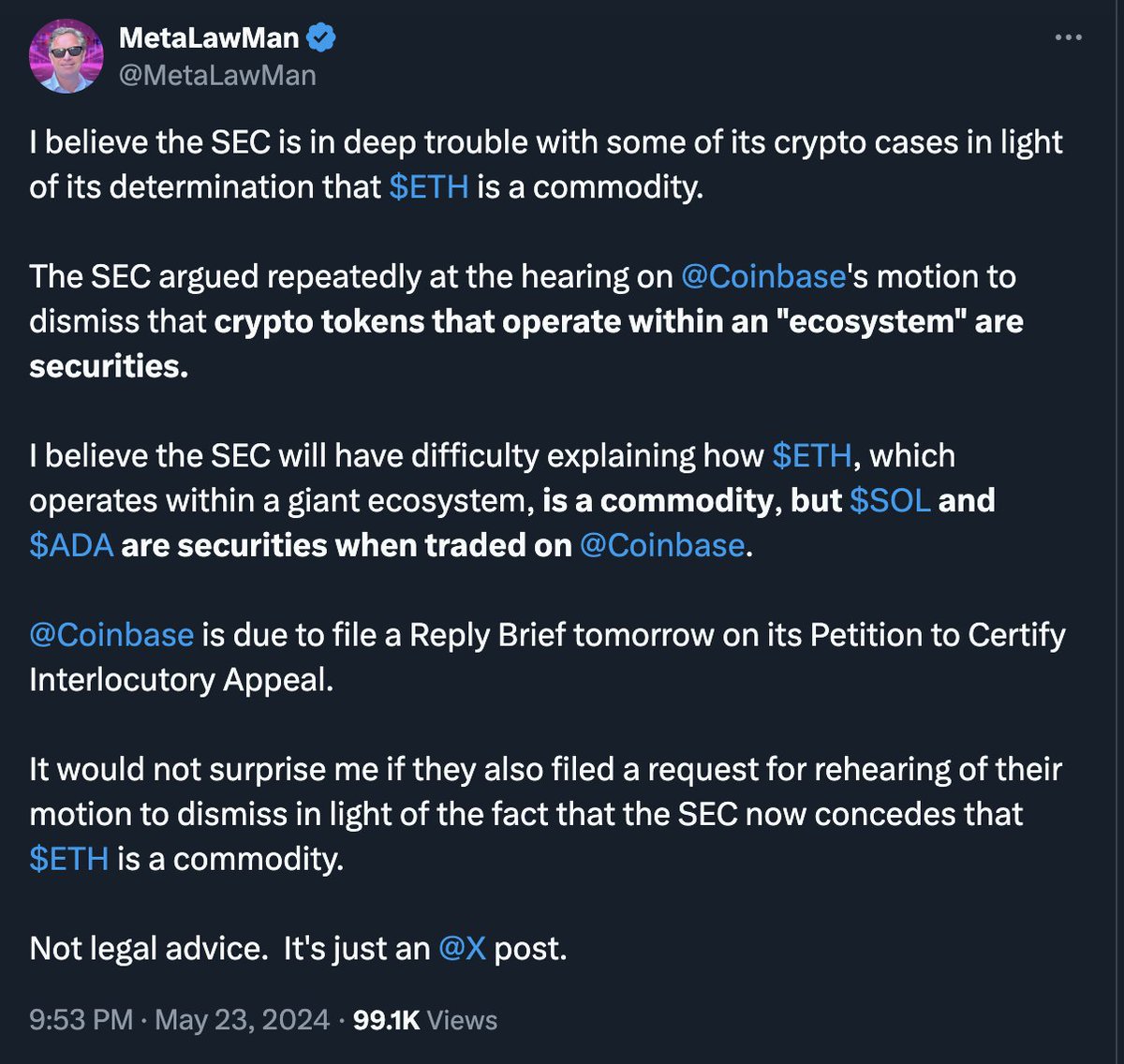THE SEC'S ACCIDENTAL GREENLIGHT FOR $SOL AND $XRP ETFS? - Crypto lawyer James Murphy, aka MetaLawMan, asserts that the SEC’s approval of Ethereum ETFs undermines its stance in ongoing lawsuits against crypto firms, solidifying ETH’s status as a commodity. - The approval of