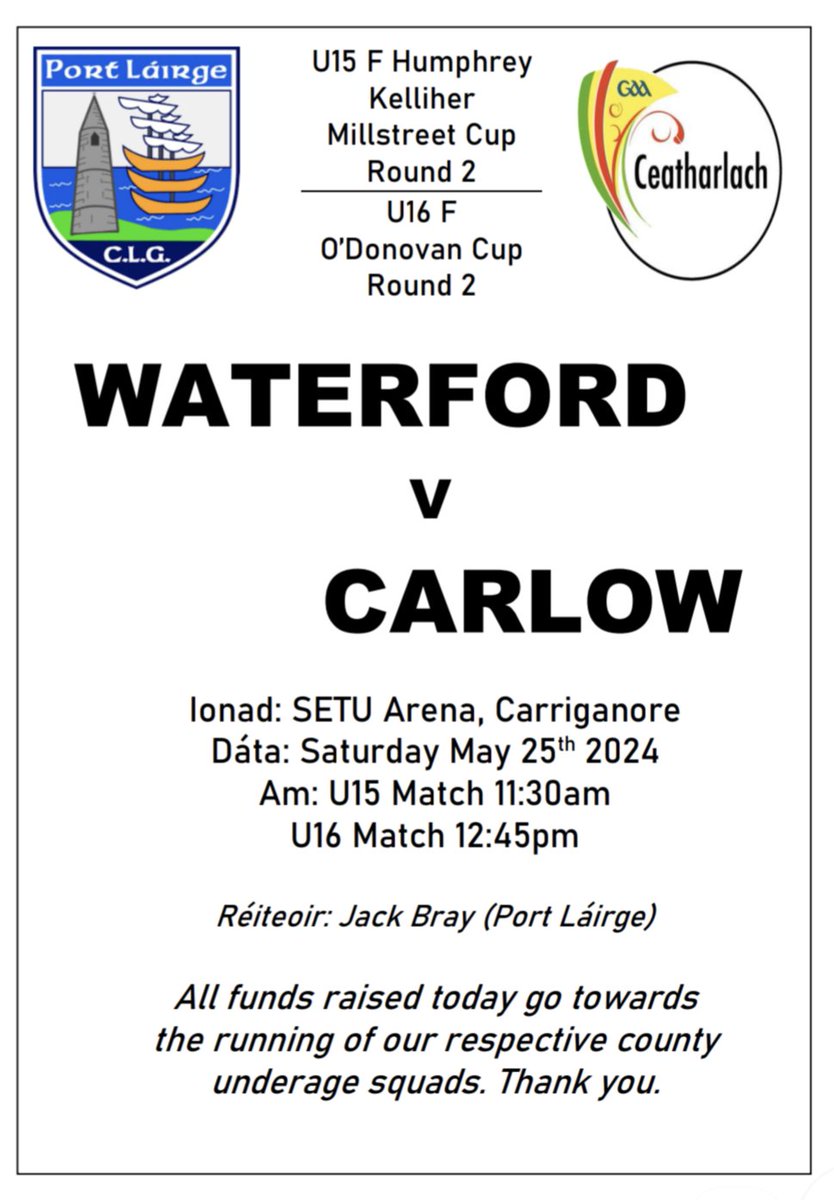 WaterfordGAACG's tweet photo. Brilliant morning of football in store tomorrow morning in SETU Arena, Carriganore as our U15 and U16 footballers take on @CarlowGAACoach in Round 2 of their national competitions. 

Tickets can bought here: https://t.co/MvPDTHyuWJ https://t.co/vLMRPhWUi6