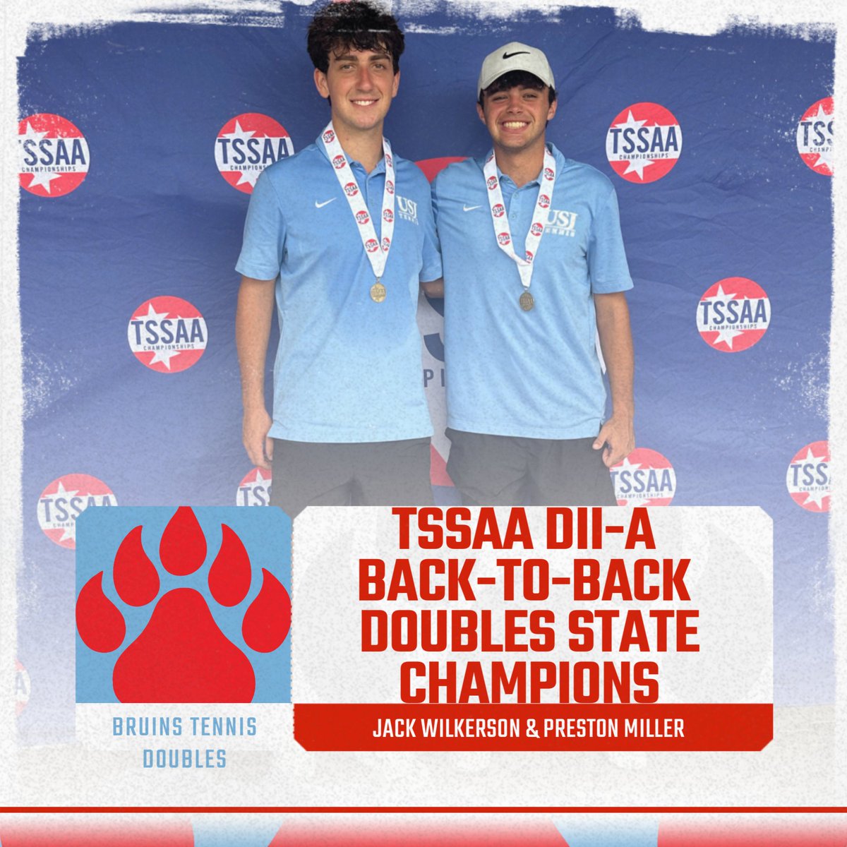 USJAthletics's tweet image. Congratulations to our TSSAA DII-A Back-to-Back Doubles Tennis State Champions and State Runner-up

Way to go Bruins 🎾