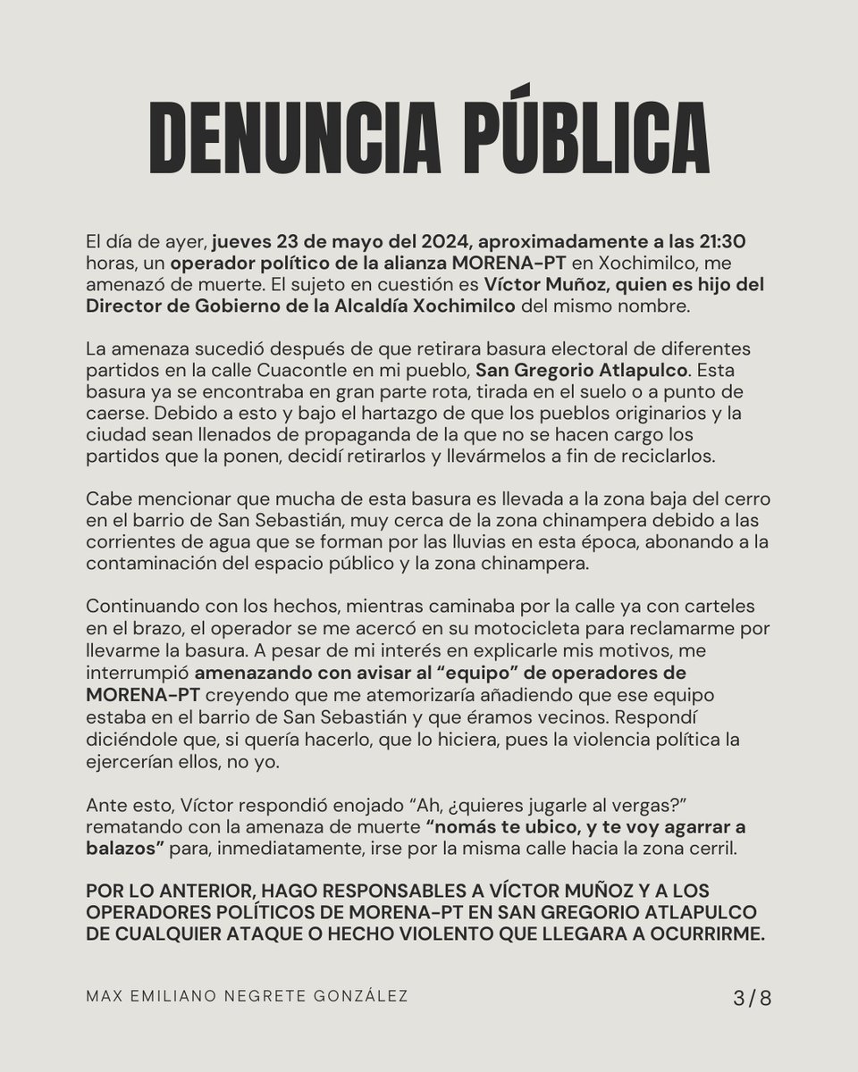 maxenegreteg's tweet photo. Hago mi denuncia pública por amenaza de muerte de parte del operador político de MORENA-PT, Víctor Muñoz (hijo), quien por retirar basura electoral a fin de reciclarla, me buscó intimidar.
... https://t.co/cpBk3lLjbW