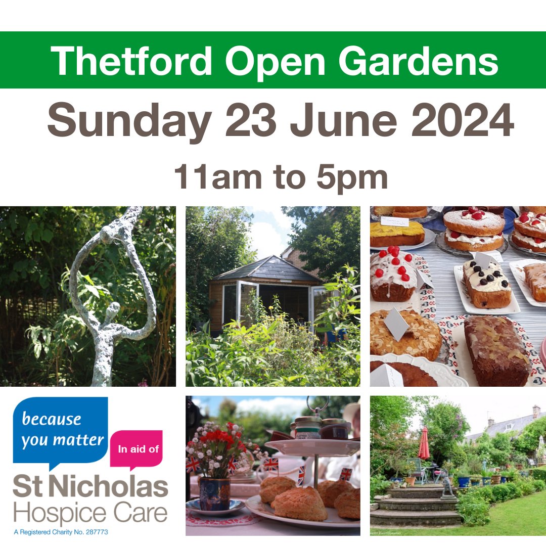 Thetford garden lovers. On 23 June, discover beautiful gardens across the town, both old favourites and new hidden gems. All proceeds go to St Nic's, so come and enjoy the gardens while supporting a great cause! Find out more including how to buy tickets: stnicholashospice.org.uk/news-community…