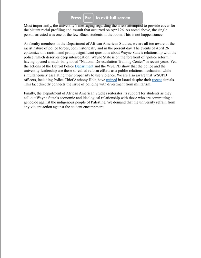 afamstudies_wsu's tweet photo. A statement from #WayneState #AfricanAmericanStudies Faculty in support of our students and condemning university officials' and Wayne State police departments' use of force against them. https://t.co/jRQqQrfDdY