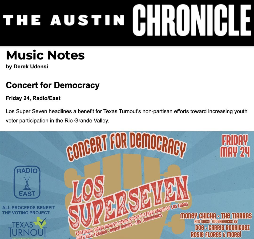 .<a href="/AustinChronicle/">Austin Chronicle</a> shares tonight’s event at Radio East! Come support <a href="/TexasTurnout/">Texas Turnout</a> and dance with Los Super Seven and the rest of our incredible line up ⭐️ bit.ly/4am7e8V