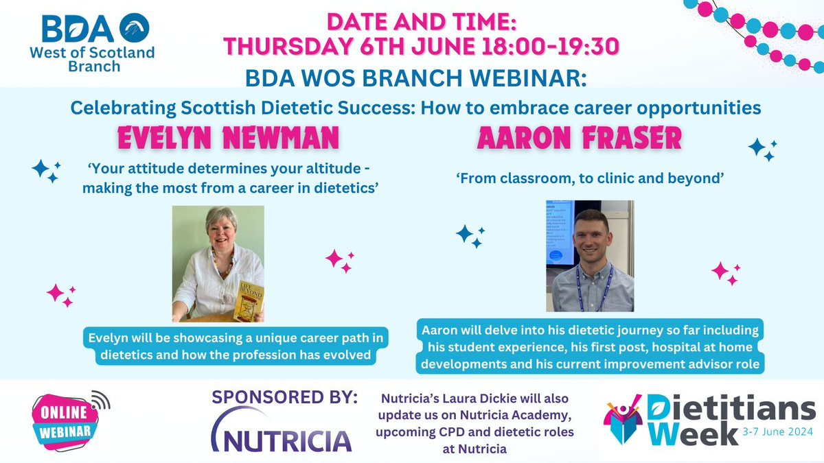 📣 DIETITIANS WEEK WEBINAR 📣 Join us on Thursday 6th June at 6pm in celebrating Scottish Dietetic Success with guest speakers Evelyn Newman, Aaron Fraser and Nutricia's Laura Dickie. Sign up now via the link! buff.ly/44VpV1P