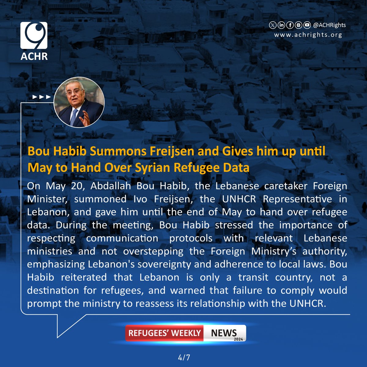 Bou Habib Summons Freijsen and Gives him up until May to Hand Over Syrian Refugee Data.
#Together_for_Human_Rights #weeklynews #violations #humanrights #syrianrefugees #lebanon #syria #RefugeesRight