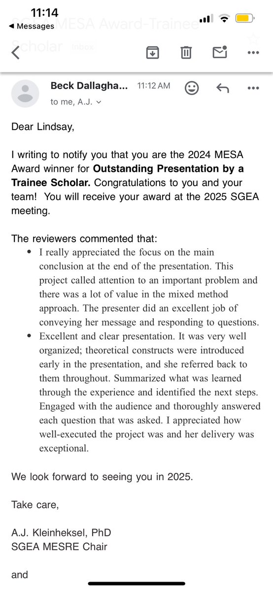 Thrilled to have won the 2024 MESA Award for Outstanding Presentation by a Trainee scholar for my project “A Hypothesis-Driven, Near-Peer Physical Diagnosis Curriculum on Streptococcal Pharyngitis Within the Pediatrics Clerkship.” Look out for our manuscript in MedEdPORTAL soon!