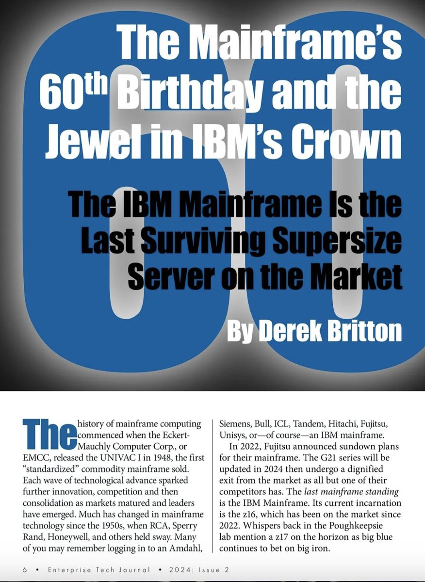 .@OpenMFProject #COBOL WG Co-Chair @DerekBrittonUK pens an article about the 60th birthday of the #mainframe, why the @IBM mainframe is the last surviving supersize server on the market & more in Enterprise Tech Journal. Read it here: hubs.la/Q02yqHzc0 @BobThomas_ESM