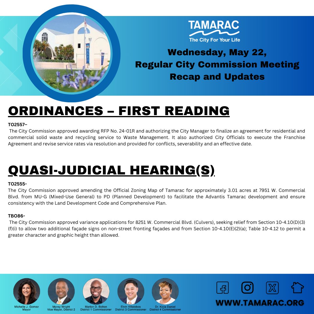 Tamarac residents, stay in the know! Here’s a summary of the Wednesday, May 22, Regular City Commission Meeting.