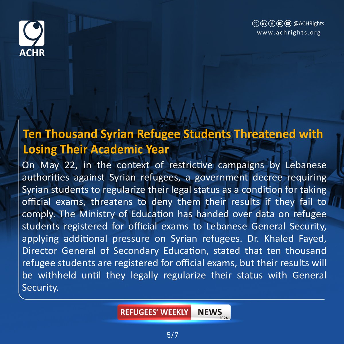 Ten Thousand Syrian Refugee Students Threatened with Losing Their Academic Year.
#Together_for_Human_Rights #weeklynews #violations #humanrights #syrianrefugees #lebanon #syria #RefugeesRight