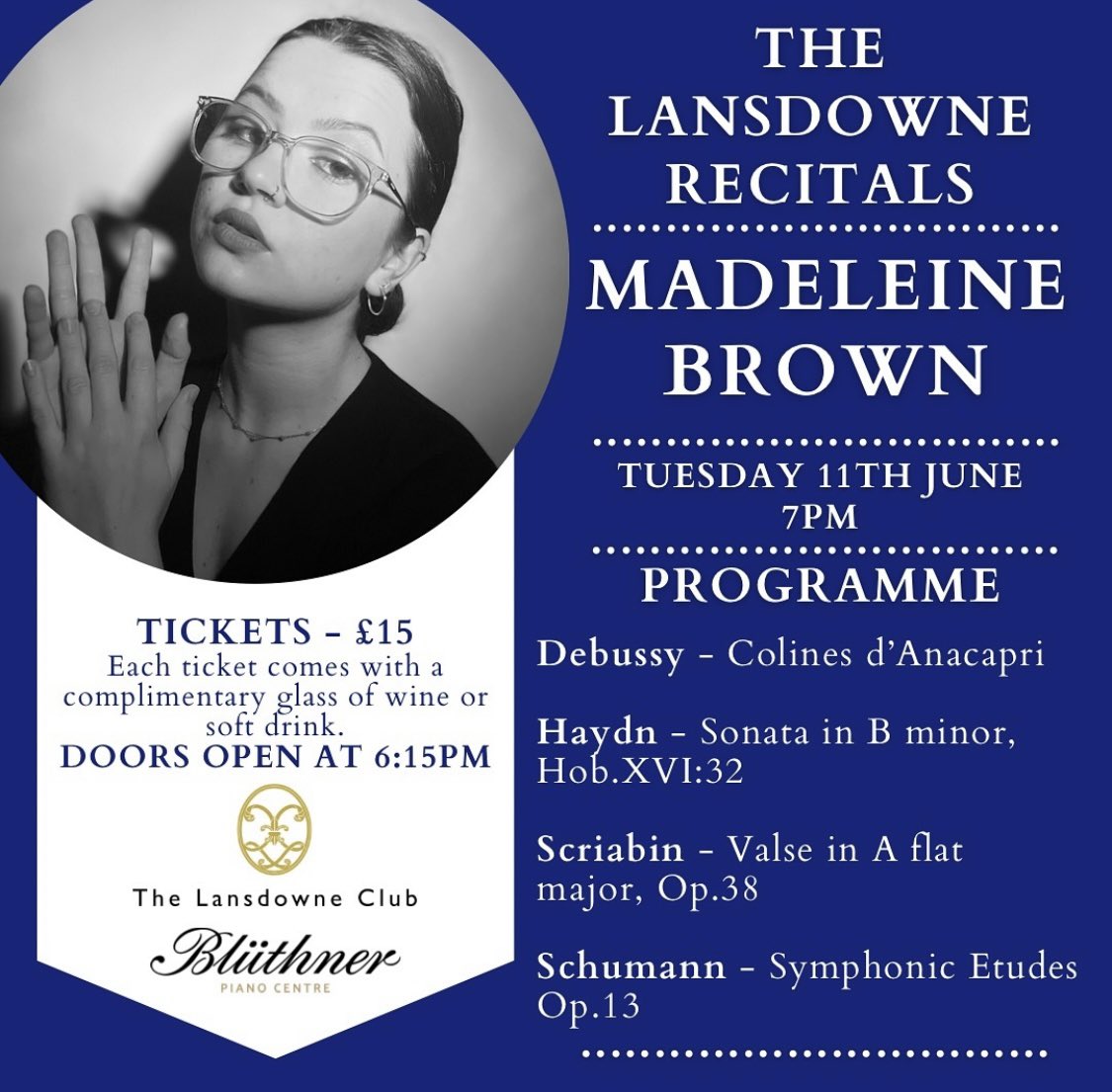 Delighted to share the details of my upcoming recital at The Lansdowne Club, Mayfair! It has been a pleasure putting together this programme with another masterpiece by my beloved R.Schumann at the heart of it. For tickets, email: info@bluthner.co.uk. I hope to see you there!