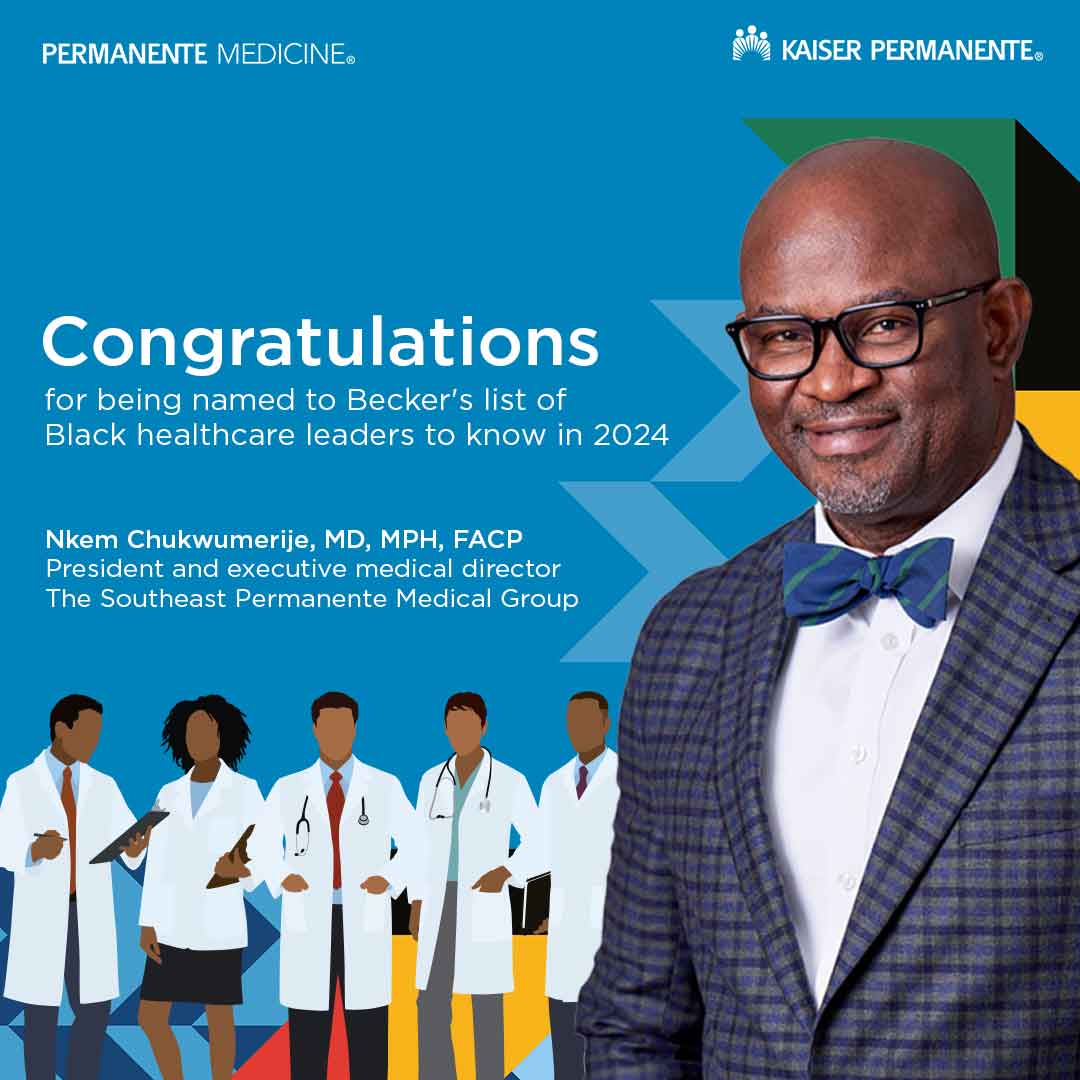 PermanenteDoctors (@permanentedocs) on Twitter photo Congratulations to <a href="/DrChukTSPMG/">Dr. Nkem Chukwumerije</a>, president and executive medical director of <a href="/TSPMG/">TSPMG</a>, for being named to <a href="/BeckersHR/">Becker's Hospital Review</a>'s list of Black healthcare leaders to know in 2024.
Read more: ow.ly/girQ50RTlYR
#HealthcareLeadership Congratulations to <a href="/DrChukTSPMG/">Dr. Nkem Chukwumerije</a>, president and executive medical director of <a href="/TSPMG/">TSPMG</a>, for being named to <a href="/BeckersHR/">Becker's Hospital Review</a>'s list of Black healthcare leaders to know in 2024.
Read more: ow.ly/girQ50RTlYR
#HealthcareLeadership