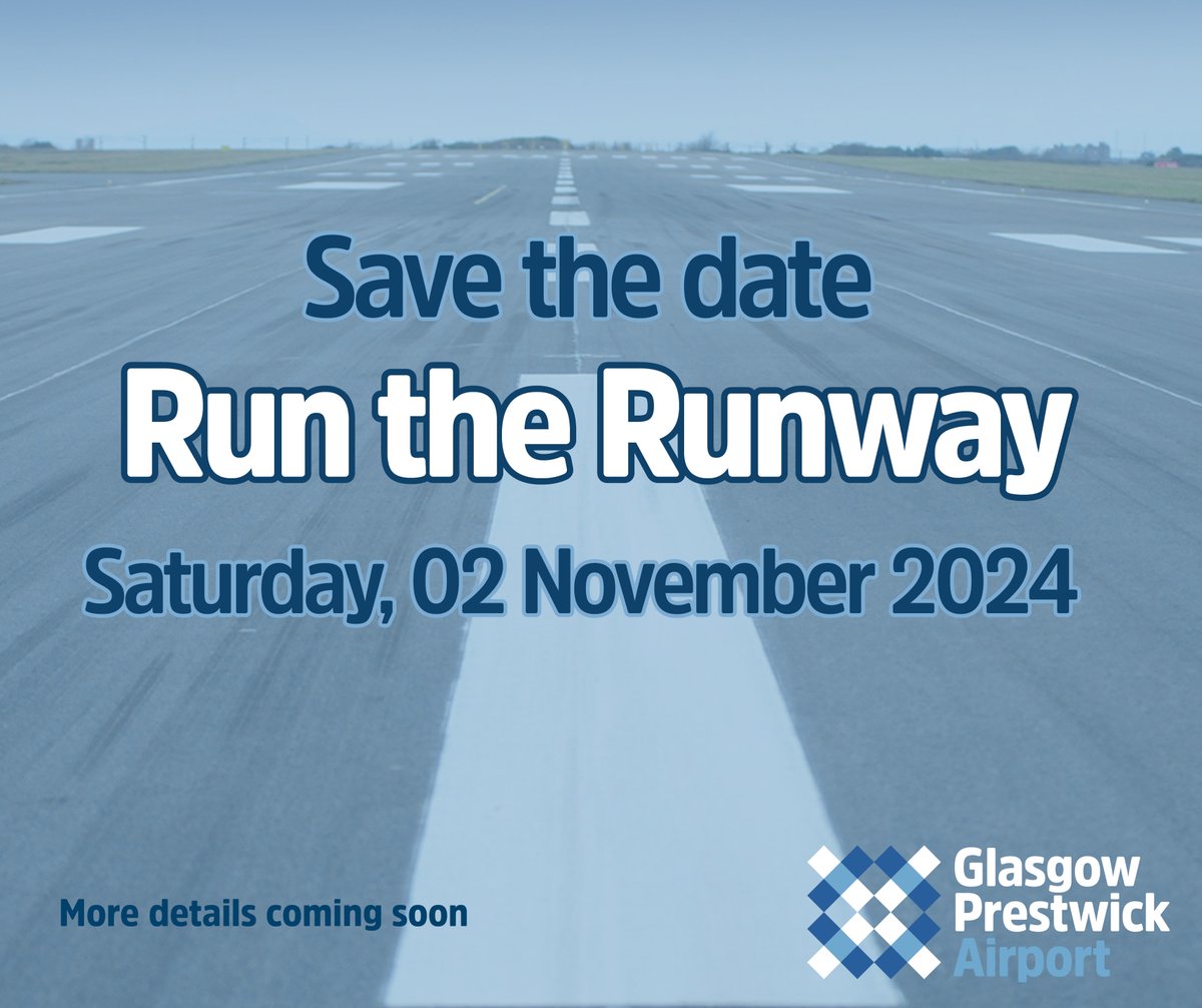 GPAPassenger's tweet photo. 🛫 Save the Date! 

🏃 Get ready to Run the Runway at Glasgow Prestwick Airport on Saturday, 2nd November 2024! We're running to support The Beatson, Doing it for Daniel Foundation, and Ayrshire Hospice.

Would you like to Run the Runway?

#RunTheRunway #SaveTheDate #CharityEvent https://t.co/zS0jsworOv