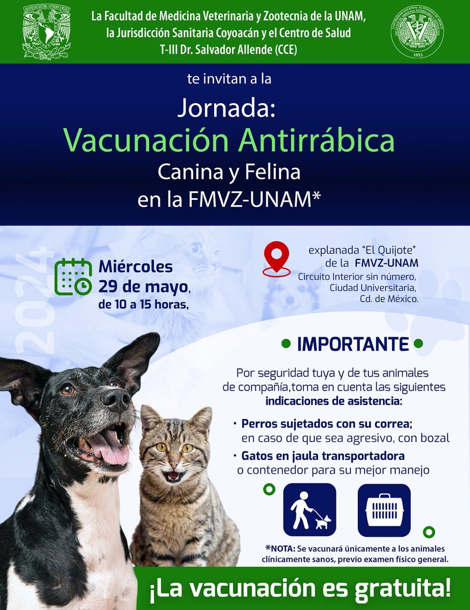 Atención dueños de mascotas en #CDMX Habrá  jornada de vacunación antirrábica para perros y gatos en la Facultad de Medicina Veterinaria y Zootecnia de la UNAM (@FMVZUNAM) Será el miércoles 29 de mayo, de 10 de la mañana a 3 de la tarde. 📷@UNAM_MX