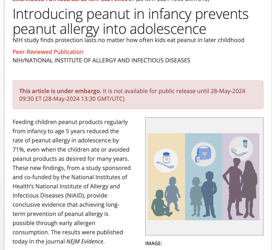 Giving infants peanuts prevents peanut allergies in adolescence, new study finds. The @AmerAcadPeds got this wrong, putting out a guidance in 2000 recommending not giving children under 3 peanuts. The AAP later backtracked. eurekalert.org/news-releases/… dx.doi.org/10.1056/EVIDoa…