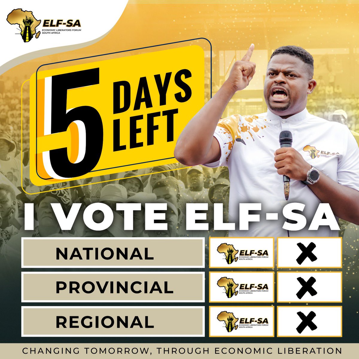ELFSouthAfrica's tweet photo. Here we Liberators, let’s make our mark!! 5 Days Left.  #elfsouthafrica #bethechange #TheNextStepIsChange #townshipeconomy #elf #elf_sa #2024Elections #2024elections #TheUltimatumSA https://t.co/RtcqEEFjVr
