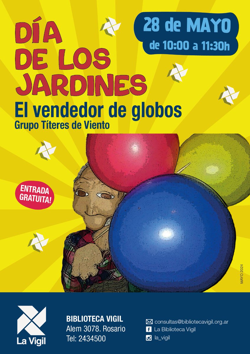► ¡¡¡Día de los Jardines!!!
Celebramos el martes 28/5 a las 10h con “El vendedor de globos” del Grupo Títeres de Viento.
▬ Lxs esperamos en la #biblio Alem 3078. Entrada libre y gratuita.