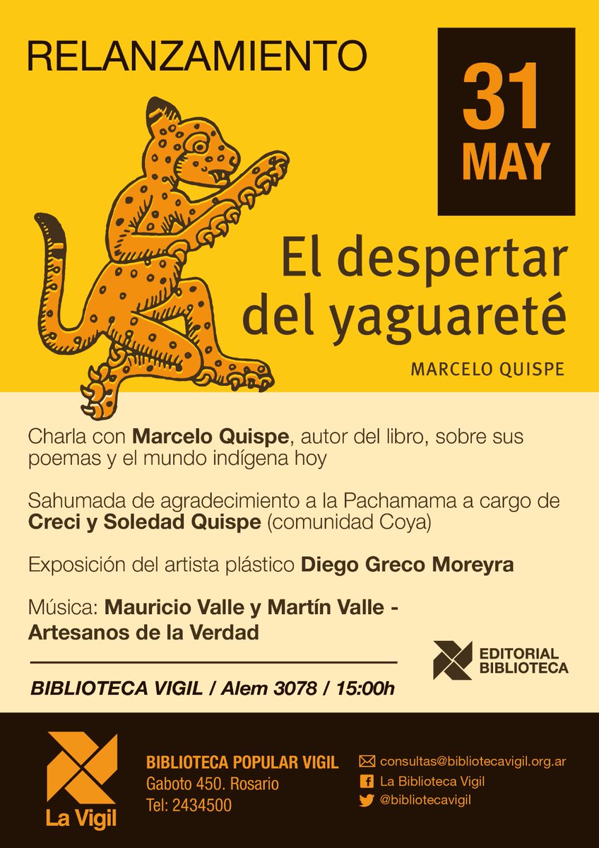 ► El viernes 31 de mayo a las 15h Marcelo Quispe nos visita para charlar sobre los poemas de su libro El despertar del yaguareté.
Lxs esperamos para compartir una tarde mágica de #poesía, #música y #arte.