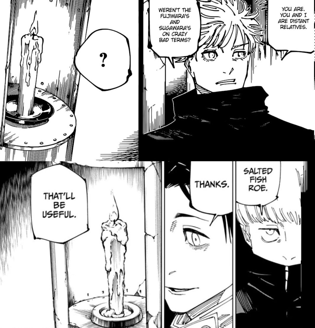 cornplate ass thought but the candle has more wax dripping down when yuta and inumaki talk compared to when gojo went to kill the higher ups, could this indicate that their conversation took place after he did it? what was this about anyway?