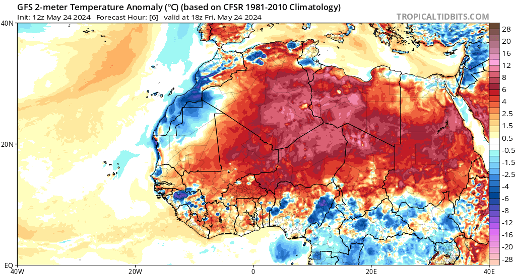 ENDLESS RECORD HEAT IN AFRICA
Always 47C in Senegal,Niger,Mali,Chad,Libya

46.5C in ALGERIA
Record heat also at high elevations:
39.1 Tamanrasset "the Sahara door" 1377mm asl : Hottest spring day on record.

Insane MINIMUM 32.9C at Illizi 542m : monthly record destroyed