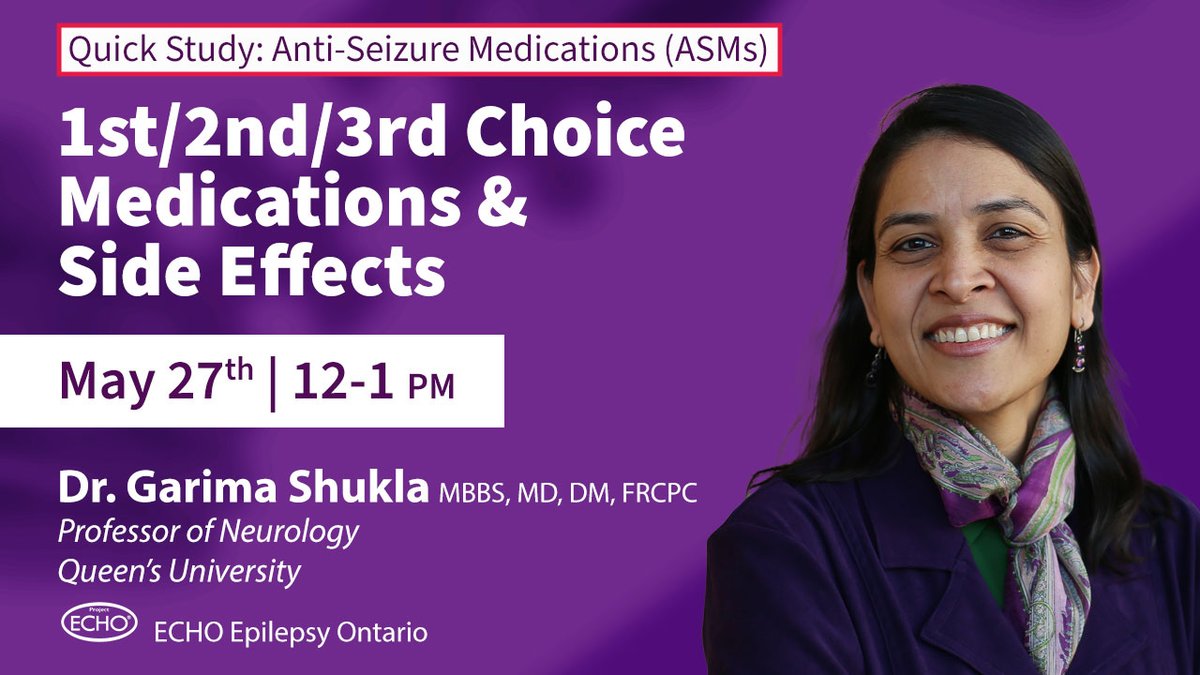 ✅Identify pros and cons of new vs. old anti-seizure medications... #HCPs, great talk on 'medication choices' talk with epilepsy neurologist Dr. Garima Shukla of @QueensuDOM - next Monday. 👥Case discussion follows. May 27 | 12-1pm REGISTER ⤵️ oen.echoontario.ca/qs-asms/#regis…