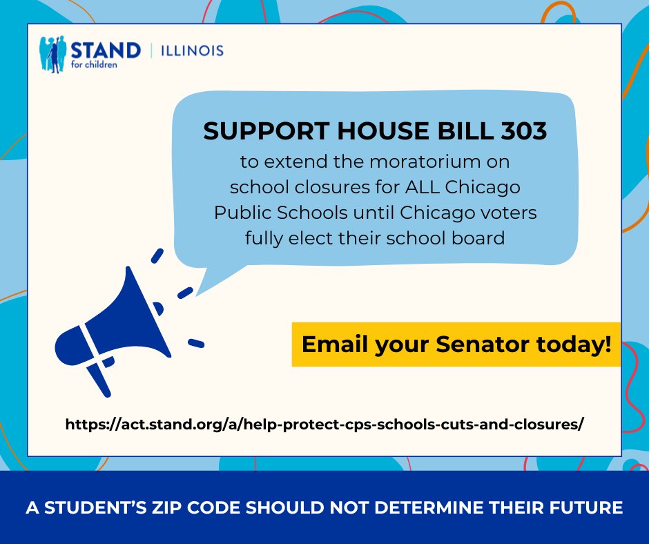 📢 Help protect CPS schools from cuts and closures!

House Bill 303 would protect ALL Chicago schools from closing until Chicago voters fully elect their school board - it's at risk of being killed in the Senate. Ask your state senator to support HB 303!

act.stand.org/a/help-protect…