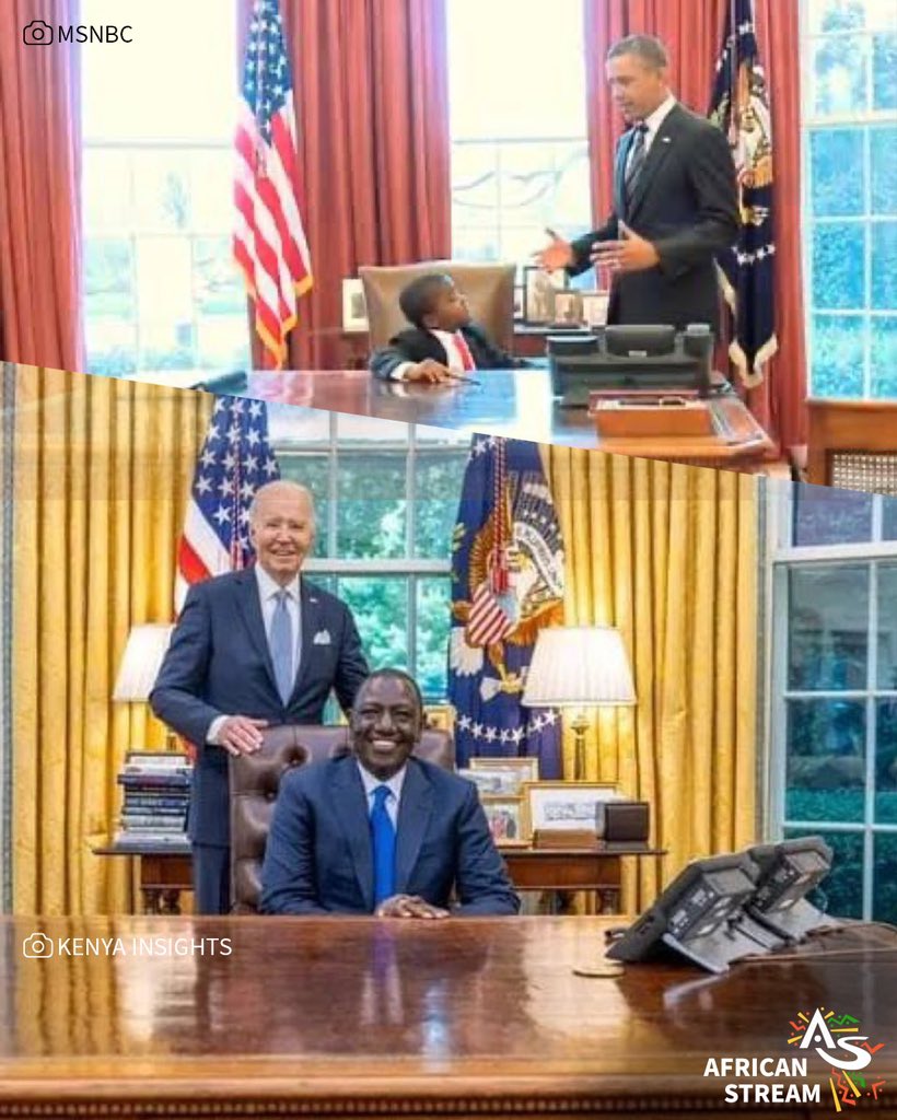 The top picture is of nine-year-old Robby Novak - famous for playing Kid President in a YouTube series - looking up at then-president Barrack Obama. Below, sporting a far more childish grin, is Kenya’s William Ruto, who’s currently in the States - and who’s been allowed to sit