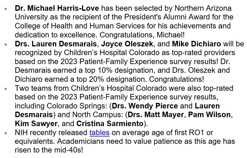 #4FromRChair @VenuAkuthotaMD kudos this week to Drs. @MHarrisLove1, Lauren Desmarais, Joyce Oleszek, @MikeDichiaro, Wendy Pierce, @pedsphysiatrist, Pam Wilson, Kim Sawyer, & @cristinasarm!