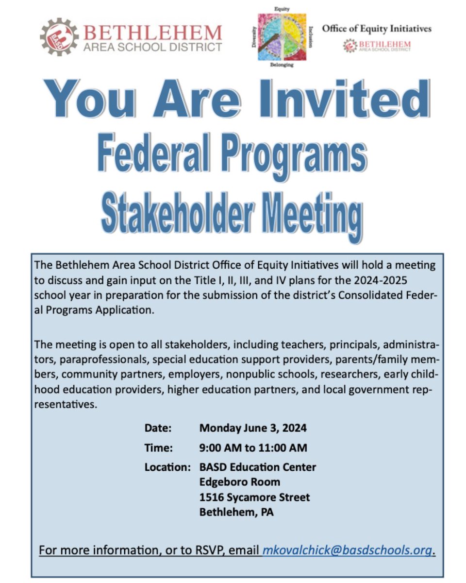 Join us for a discussion about the Title I, II, III, & IV plans for the 2024-2025 school year. Your input is needed! When: Monday, June 3rd, 9 AM - 11 AM Where: BASD Education Center, Edgeboro Room RSVP: mkovalchick@basdschools.org #BASD #TitleI #CommunityInput