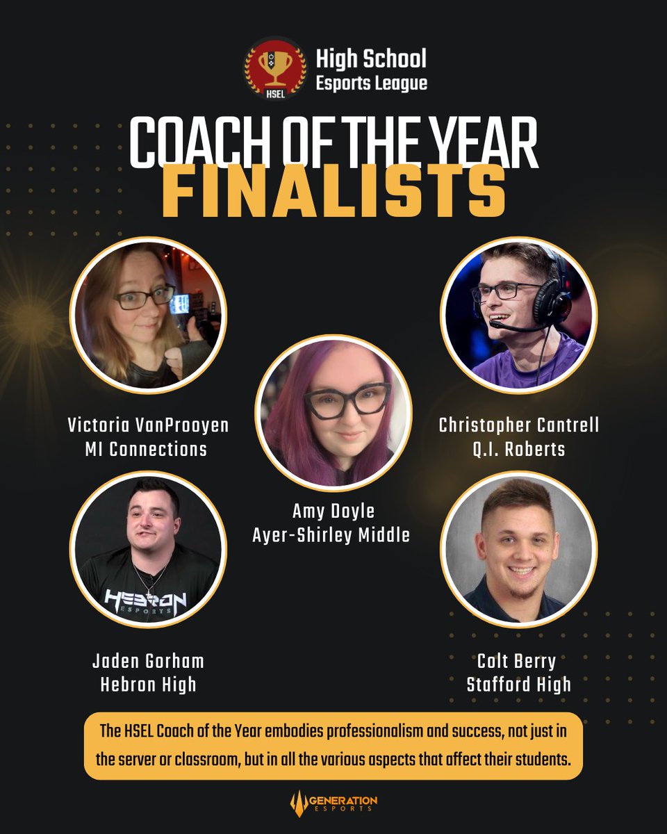 Congratulations to the #HSEL Coach of the Year Finalists of the 2023-2024 school year! 🎉 These finalists were chosen out of hundreds of nominations from all over North America. Coach of the Year winner will be awarded at #HSELNationals24 in Kansas City on June 7-9! 🏆