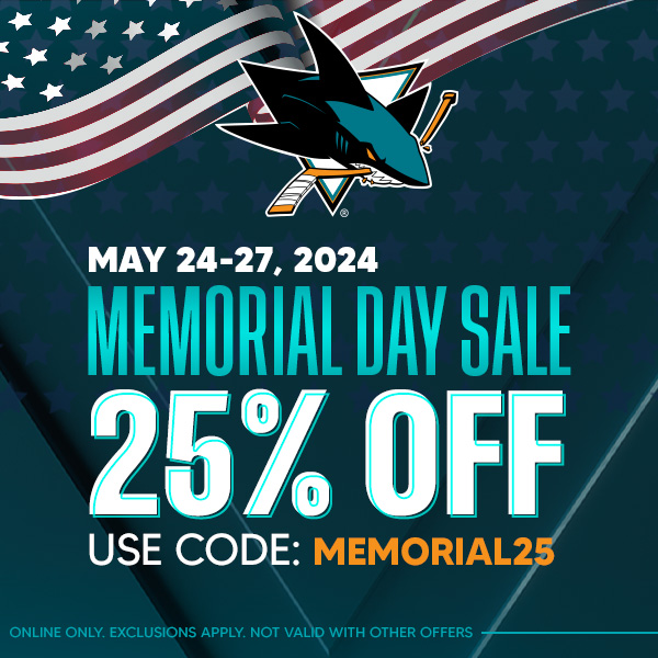 The #SJSharks Memorial Day Weekend Sale starts now! 🇺🇸 Save 25% OFF on Sharks gear at @sjsharksproshop from 5/24-27. Use code: MEMORIAL25. 🛍️: sharksproshop.com