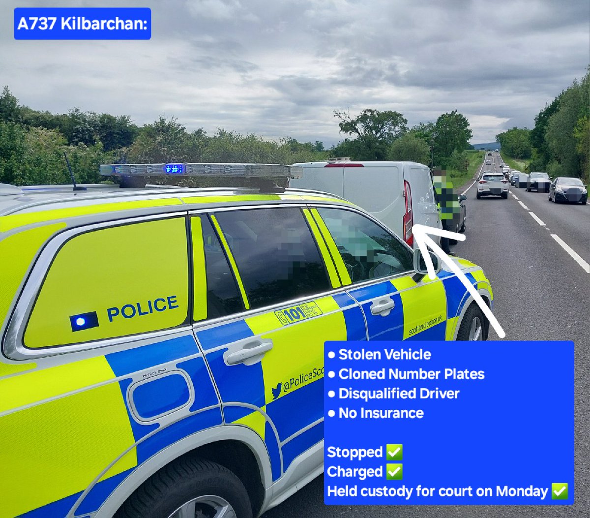 #GlasgowRP were aware that this stolen van was being driven across the region on 'cloned' plates. We spotted it earlier today on the #A737 where we safely stopped the vehicle  using tactics to avoid a pursuit and arrested the driver

⬇️Details Below⬇️

#RoomWithNoView
#DontRiskIt