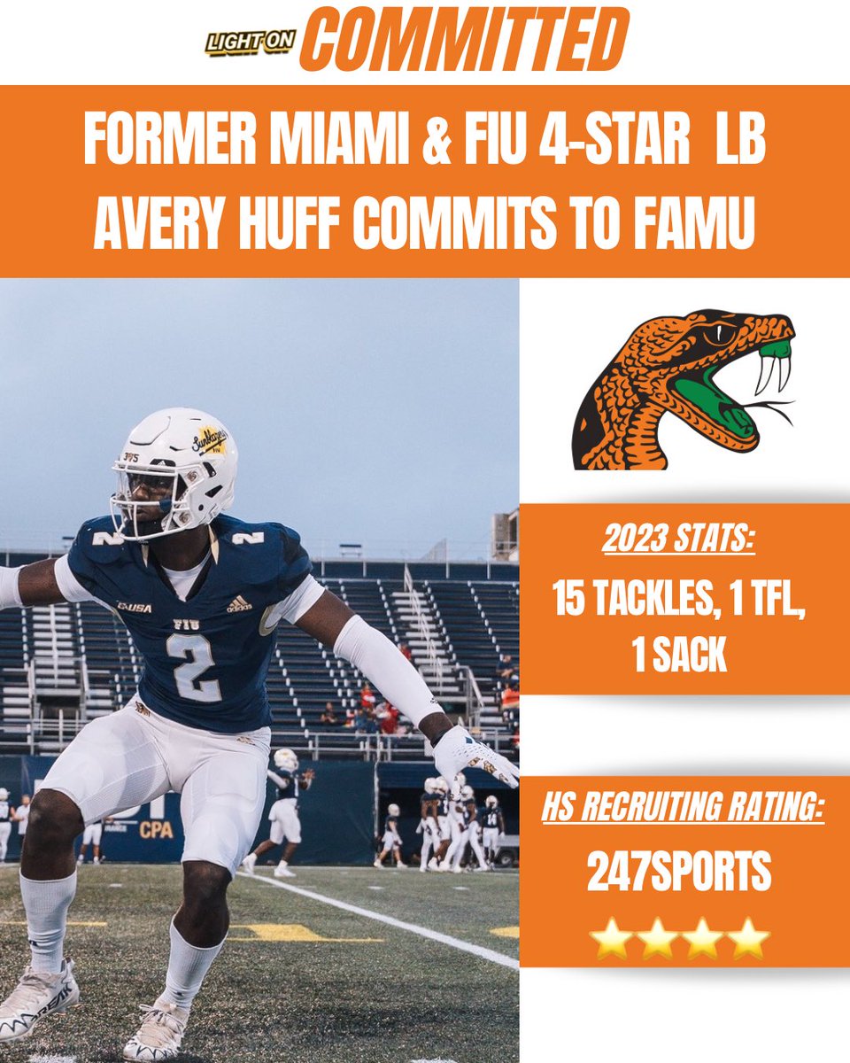 Former Miami & FIU 4-Star LB Avery Huff has committed to FAMU, per his social media. 🐍🔥 He recorded 15 tackles, 1 tfl, & 1 sack in 2023 with the Panthers. Huff was previously signed to Louisiana Tech, but re-entered the transfer portal during the spring window. #FAMUly