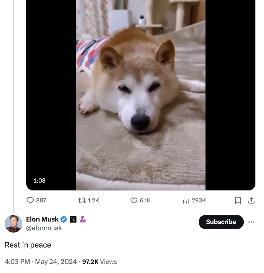 柴犬「かぼすちゃん」天国へ マスク氏が哀悼のコメント 😔 大富豪の #イーロン・マスク  氏は、インターネットミームとして親しまれ、仮想通貨「ドージコイン」のモデルとなった柴犬のかぼすちゃん が天国に旅立ったことを受け、コメントした。2023年4月、かぼすちゃんは ...