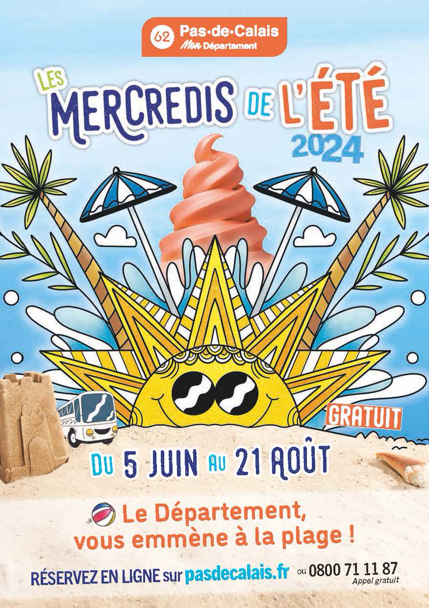🚌😎 Le Département vous emmène 𝐠𝐫𝐚𝐭𝐮𝐢𝐭𝐞𝐦𝐞𝐧𝐭 à la plage avec les 𝐌𝐄𝐑𝐜𝐫𝐞𝐝𝐢𝐬 𝐝𝐞 𝐥’𝐞́𝐭𝐞́ dès le 5/6 ⛱️🤗 1️⃣4️⃣ itinéraires par que les habitants du #PasdeCalais puissent profiter des plages de la Côte d’Opale ! Résa en ligne ou par téléphone dès ce 1/6, 8h