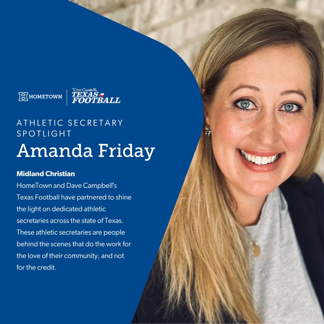 Amanda Friday of Midland Christian is up for the @HomeTownTix Athletic Secretary Spotlight Award Winner of the Year! VOTE NOW!! Voting = unlimited until June 5th VOTE: texasfootball.com/athletic-secre... @MidChristian @MCSMustangFB @MCSMustangATH