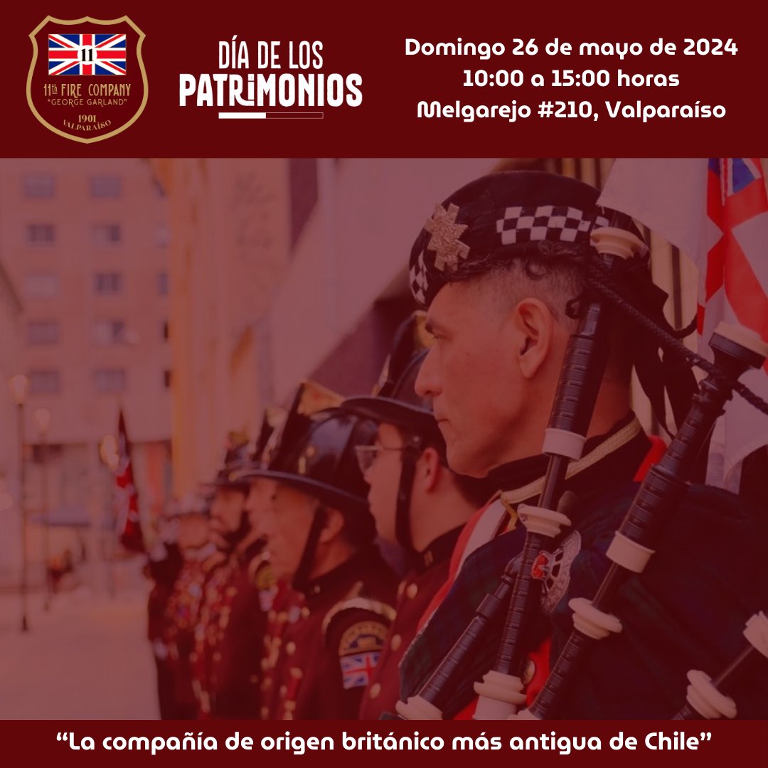 #Díadelospatrimonios | 🗝️ Este domingo 26 de mayo desde las 10:00 horas, te invitamos junto a tu familia a visitar nuestro cuartel. Ven a conocer nuestra historia y tradiciones en Melgarejo 210, Valparaíso. <a href="/CBV1851/">Bomberos Valparaíso</a> <a href="/culturas_cl/">Ministerio de las Culturas</a> <a href="/culturasvalpo/">Culturas Valparaíso</a> <a href="/UKinChile/">UK in Chile 🇬🇧🇨🇱</a>
