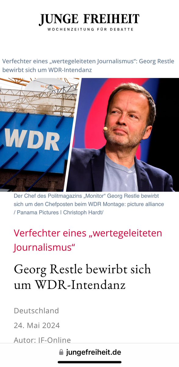 Georg Restle strebt den Posten als WDR Intendant an . 
Unsere Zwangsgebühren bei der Arbeit. 
 Mit Einnahmen von insgesamt rund 1,6 Milliarden Euro gehört der WDR zu den reichsten öffentlich-rechtlichen Sendeanstalten der Bundesrepublik. 
#ÖRR #GEZabschaffen #LautgegenLinks