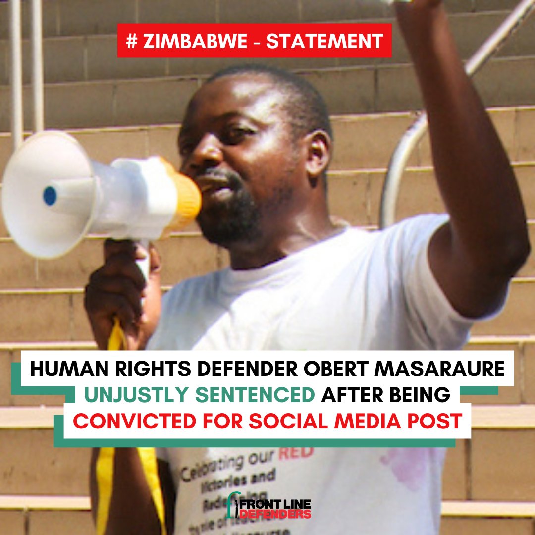 #ZIMBABWE: 

Front Line Defenders is concerned at the criminalisation of HRD Obert Masaraure, president of ARTUZ. 

We stand in solidarity with all ARTUZ members. Intimidation and judicial harassment against them must end!
 
Read more: zurl.co/RAzN