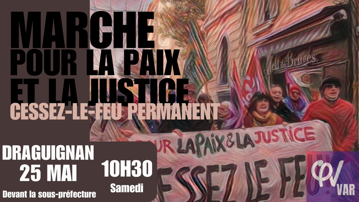 🟣 DRAGUIGNAN

🛑 STOP AU MASSACRE À GAZA

📌 Rendez-vous samedi 25/05 et
chaque samedi jusqu'au
cessez-le-feu, 10h30,
Ce samedi, rdv devant la sous préfecture 

Lien vers l'événement : actionpopulaire.fr/evenements/6c6…