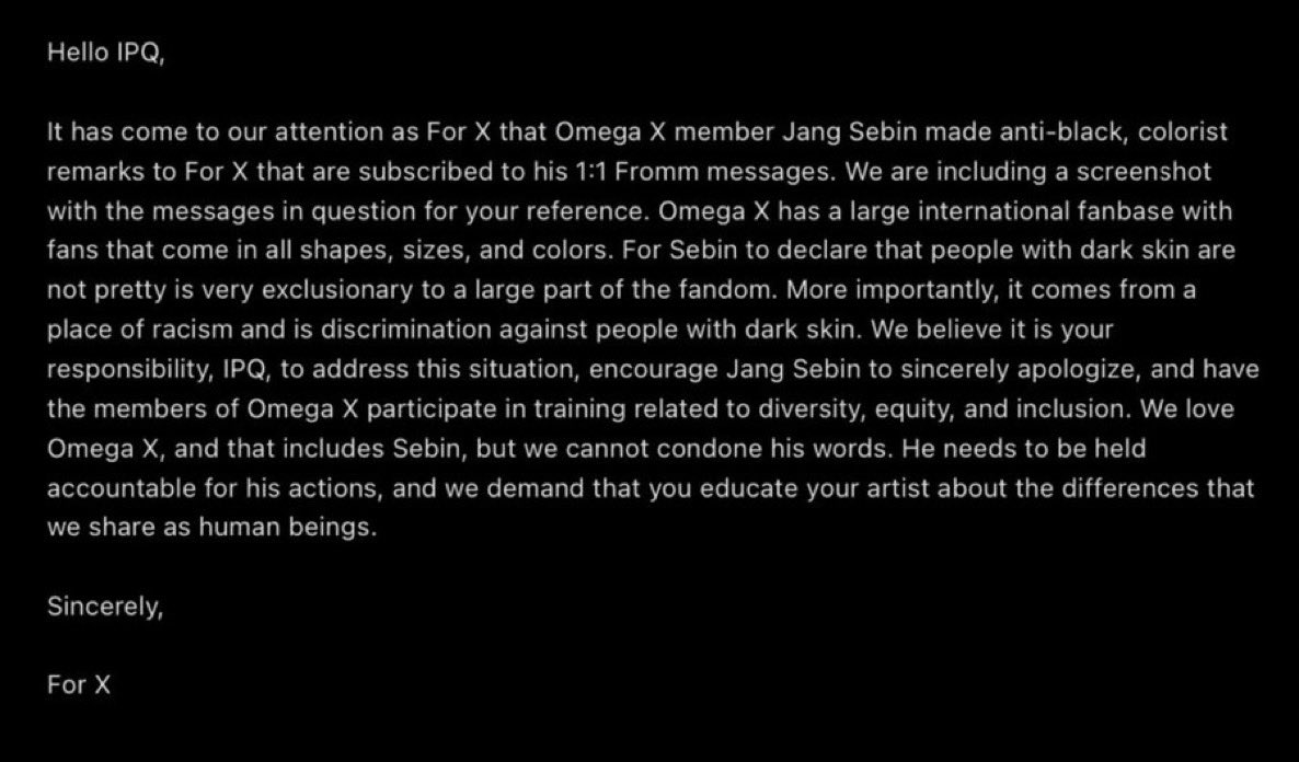 timeouthoney's tweet photo. IPQ, please see this letter from For X regarding the words of Omega X member Jang Sebin. 

@IPQ_Inc #Omega_X #For_X #장세빈 #오메가엑스 #프엑기 https://t.co/8rK2UNq867