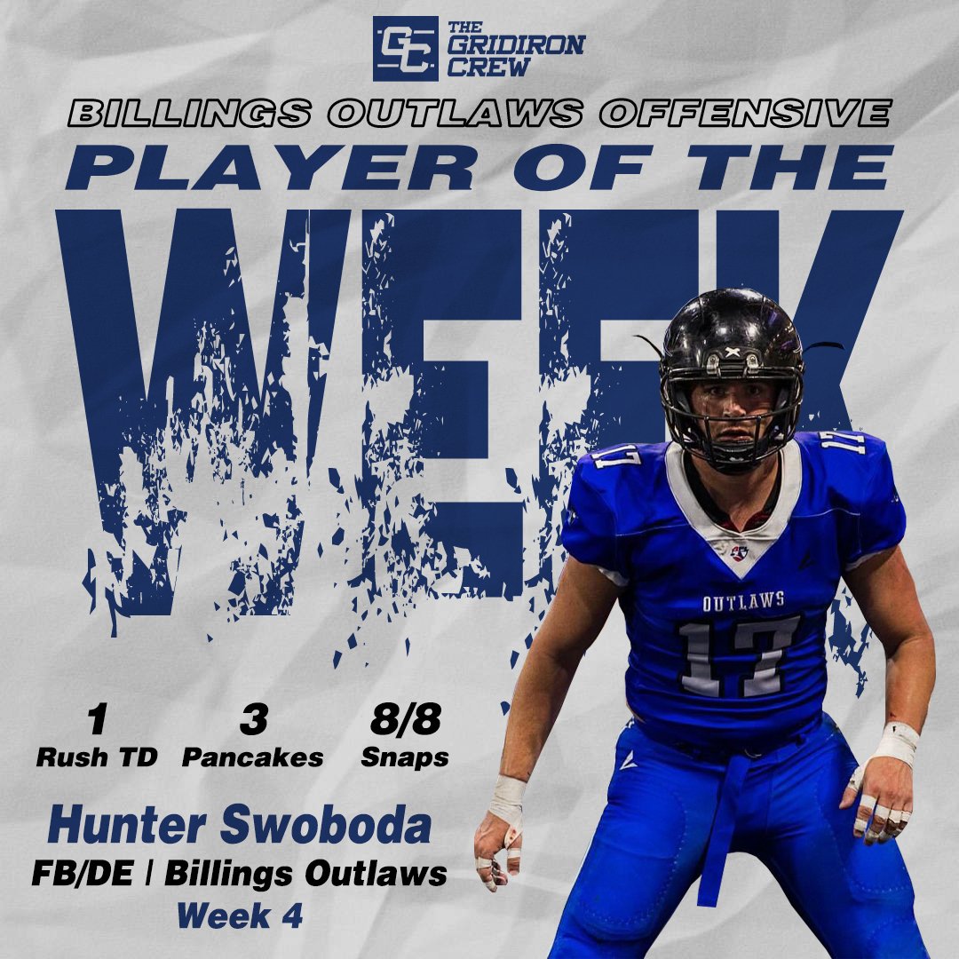 The Gridiron Crew would like to do a shout out for #TGCathlete Hunter Swoboda for being named OPOW as his Billings Outlaws remained undefeated and in first place. #thegridironcrew #AFL #ironmanfootball #arenafootball #billingsoutlaws