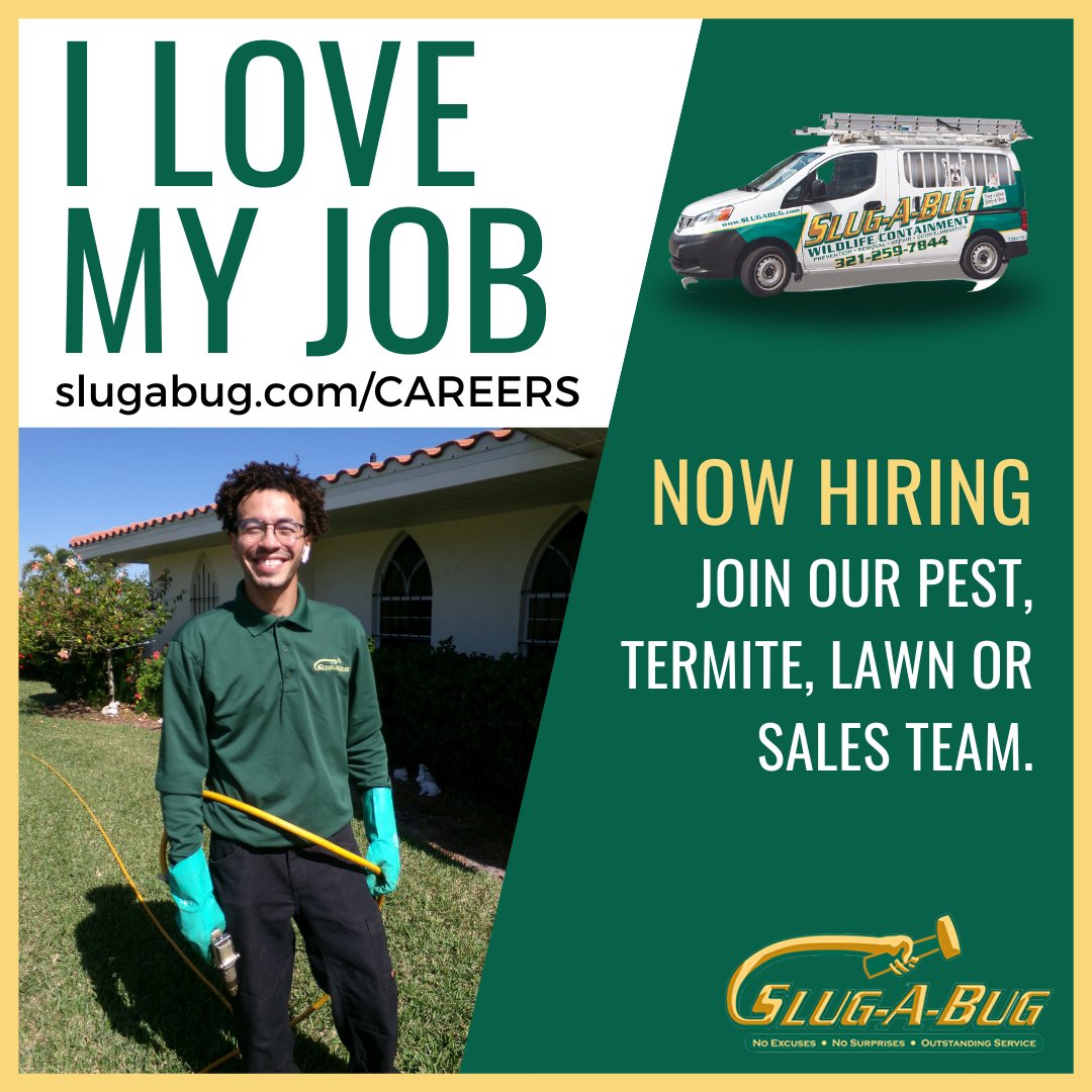 Great pay and benefits, dynamic work environment, a path for professional and personal growth. We are more than a pest control company. Visit bit.ly/48ep50y 
.
#hiring #brevardjobs #brevardcareers #slugabug #spacecoastjobs #melbournejobs #palmbayjobs #changeyourlife