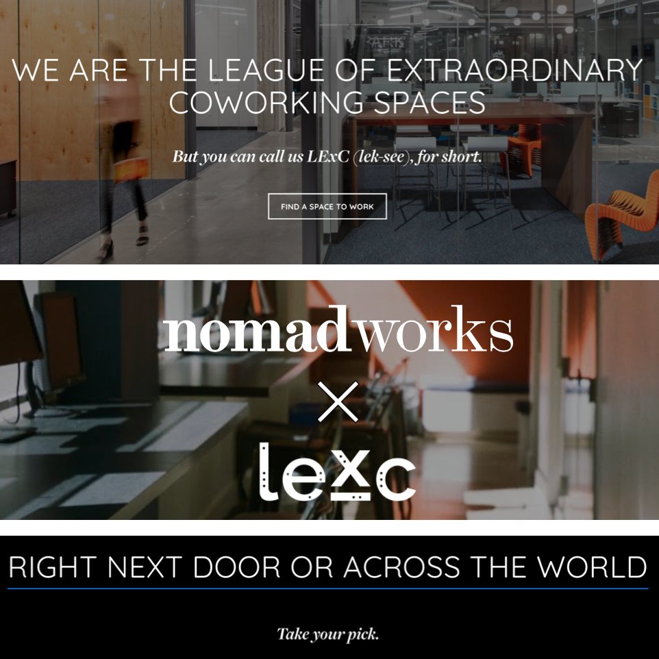 Nomadworks is expanding the Nomadic journey as we team up with LExC.

LExC is a network of coworking spaces that provides accessibility and convenience to their community.  

To learn more about our partnership with LExC, please contact our team at community@nomadworks.com!