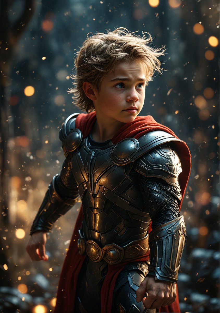 Young Thor, mighty and magical ⚡️🔨✨ ✫ ━━⋆⋅⋆━━✫ Let me know if you liked it! 💙 Follow ➠ @mainguardstudio ✫ ━━⋆⋅⋆━━ ✫ #characterart #conceptartist #babyportrait #AI美女 #dream #thor #MARVELストア #cinematography #serene #stablediffusion #MidjourneyAI