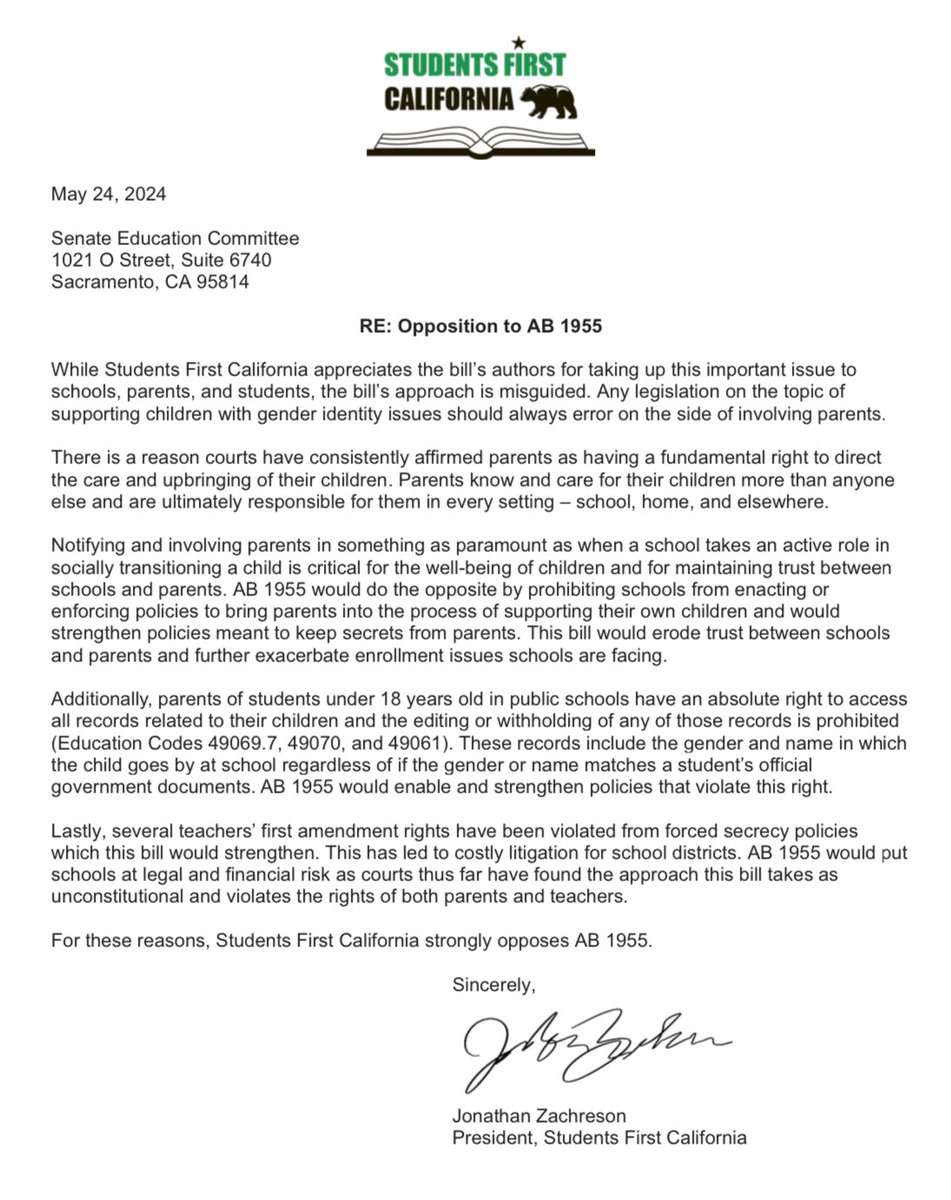 Students First California strongly opposes #AB1955. Involving parents when a school takes an active role in socially transitioning a child is critical for the well-being of children and for maintaining trust between schools and parents. AB 1955 does the opposite.