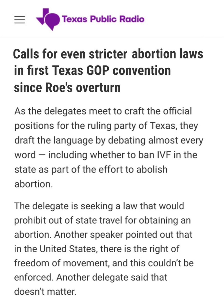 Texas Republicans have already banned abortion with no exceptions for rape or incest. Now they want to ban IVF and out-of-state travel for healthcare.  This isn’t about life — it’s about control.