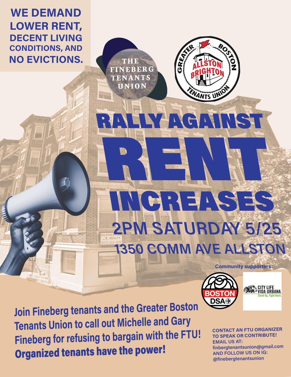 TOMORROW ALLSTON 2PM
We are fighting to stop the displacement of working people from Boston.
W/ <a href="/BostonTenants/">Greater Boston Tenants Union</a> <a href="/CityLife_Clvu/">City Life / Vida Urbana (@citylifevidaurbana.bsky)</a> &amp; <a href="/Boston_DSA/">Boston DSA</a> 
Join us!
